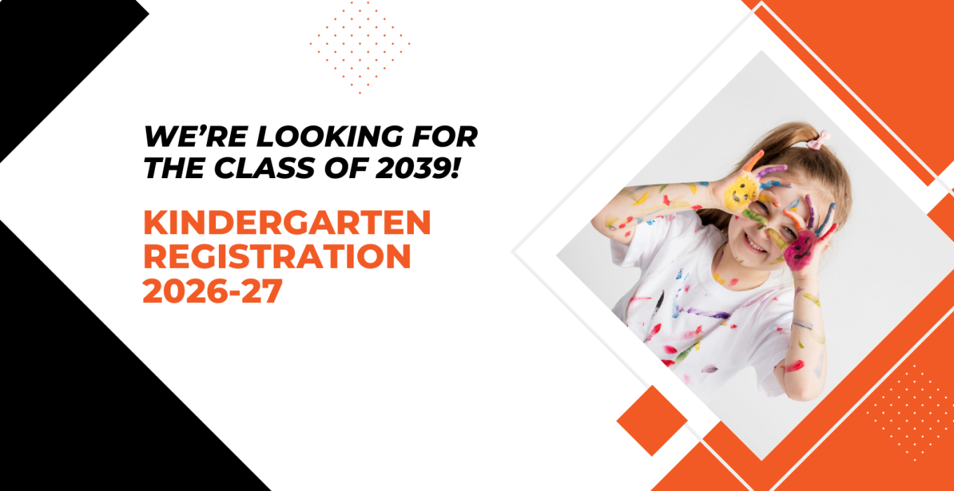 class of 2039 - kindergarten registration 26-27, image of girl with paint on her hands
